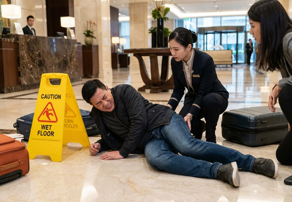 person slipping and falling in hotel lobby