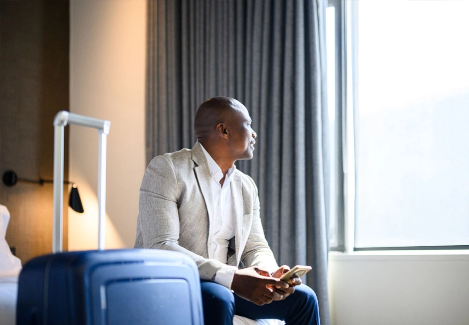 hotel guest with cell phone